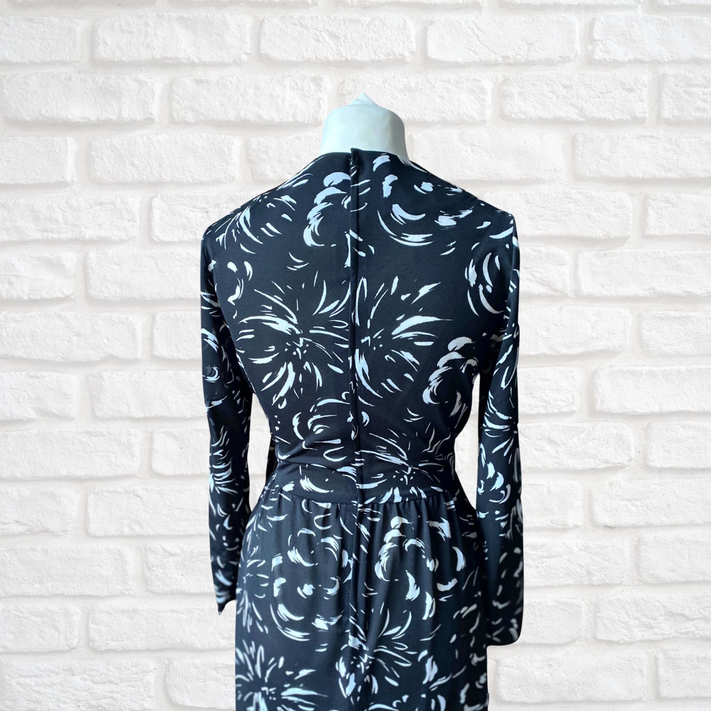 70s Vintage  Black and White Abstract Print Faux Wrap Maxi Dress. Approx UK size 10