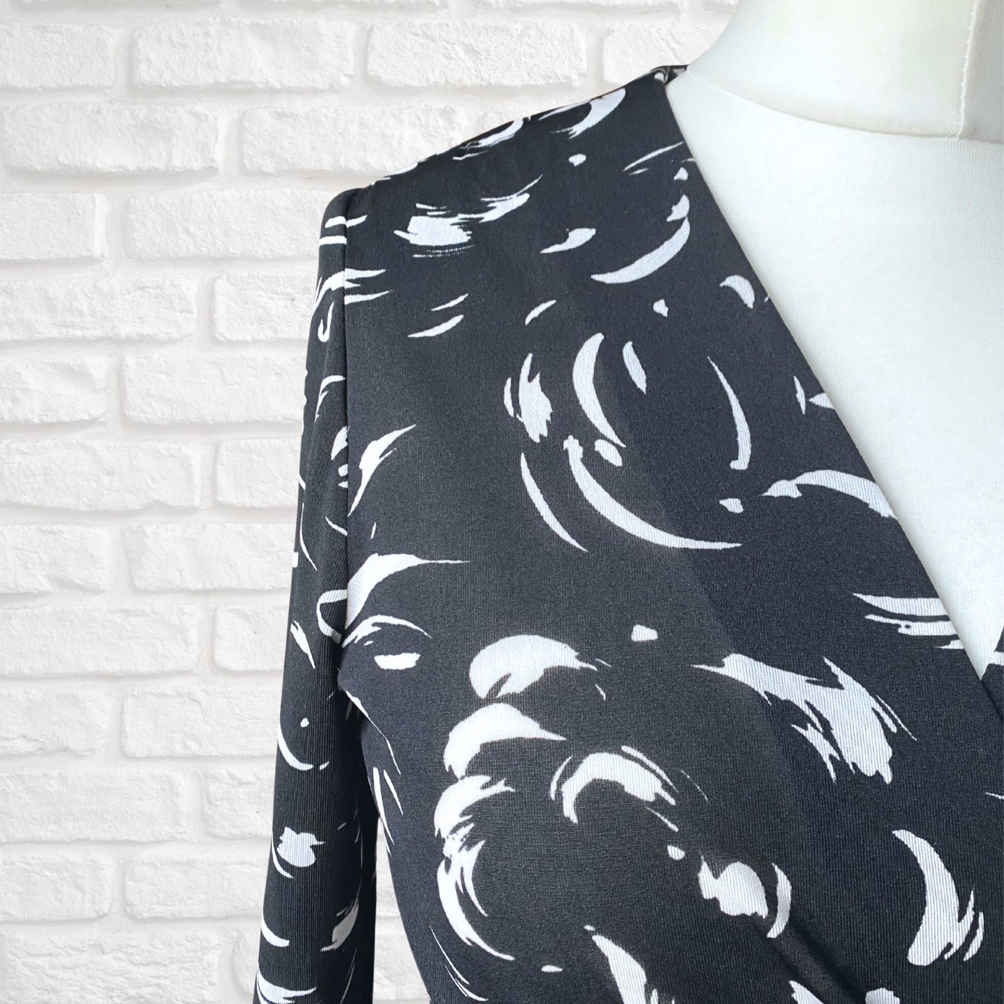 70s Vintage  Black and White Abstract Print Faux Wrap Maxi Dress. Approx UK size 10