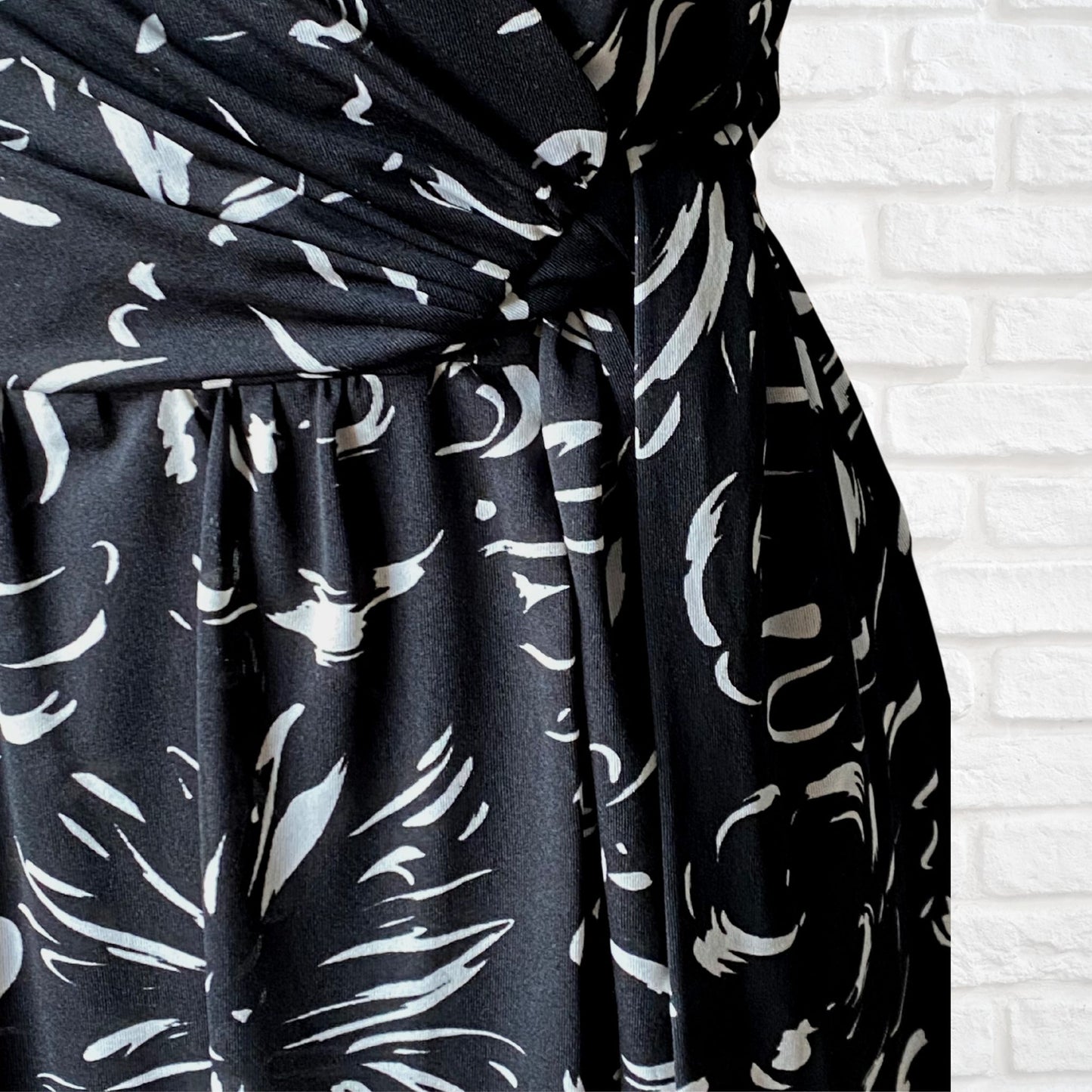 70s Vintage  Black and White Abstract Print Faux Wrap Maxi Dress. Approx UK size 10