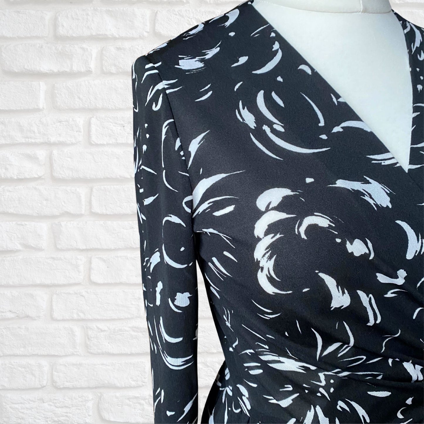 70s Vintage  Black and White Abstract Print Faux Wrap Maxi Dress. Approx UK size 10