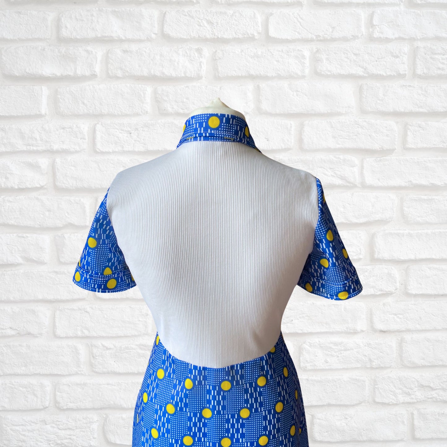 60s Blue and Yellow Geometric Print Mini Shirt Dress.  Approx UK size 10-12