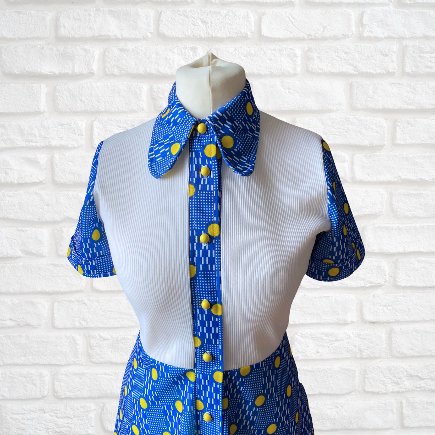 60s Blue and Yellow Geometric Print Mini Shirt Dress.  Approx UK size 10-12