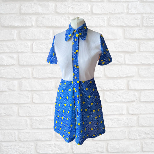 60s Blue and Yellow Geometric Print Mini Shirt Dress.  Approx UK size 10-12