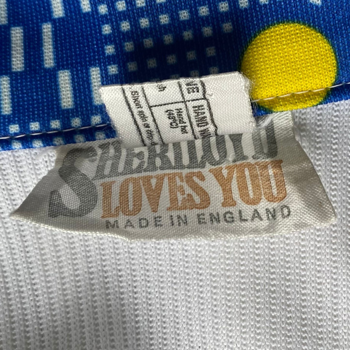 60s Blue and Yellow Geometric Print Mini Shirt Dress.  Approx UK size 10-12