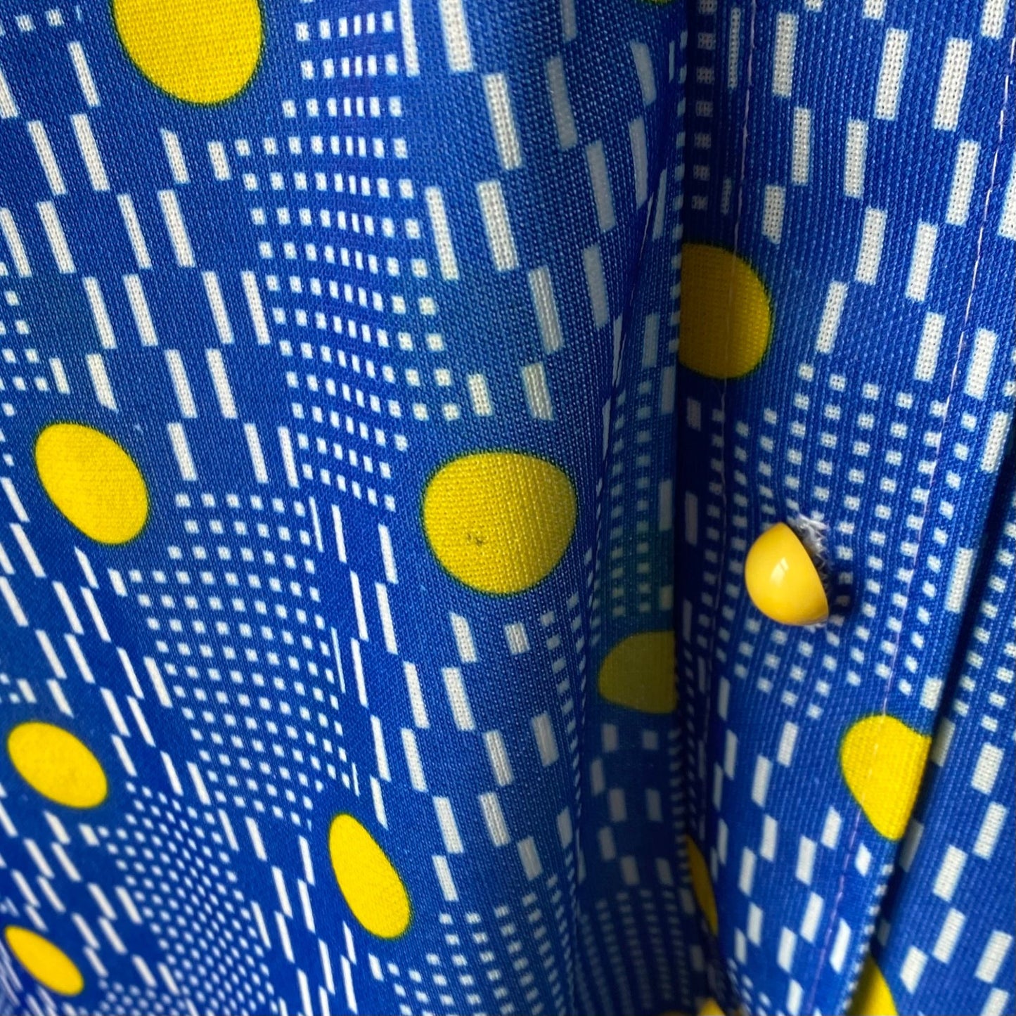 60s Blue and Yellow Geometric Print Mini Shirt Dress.  Approx UK size 10-12