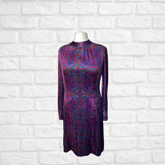 Vintage Velvet Purple Paisley 60s Style A line Dress. Approx UK size 14-16