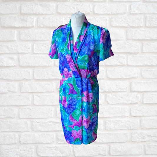 Vintage 80s Silky Purple, Pink, Green, and Blue Floral Wrap  Dress. Approx UK size 12-14