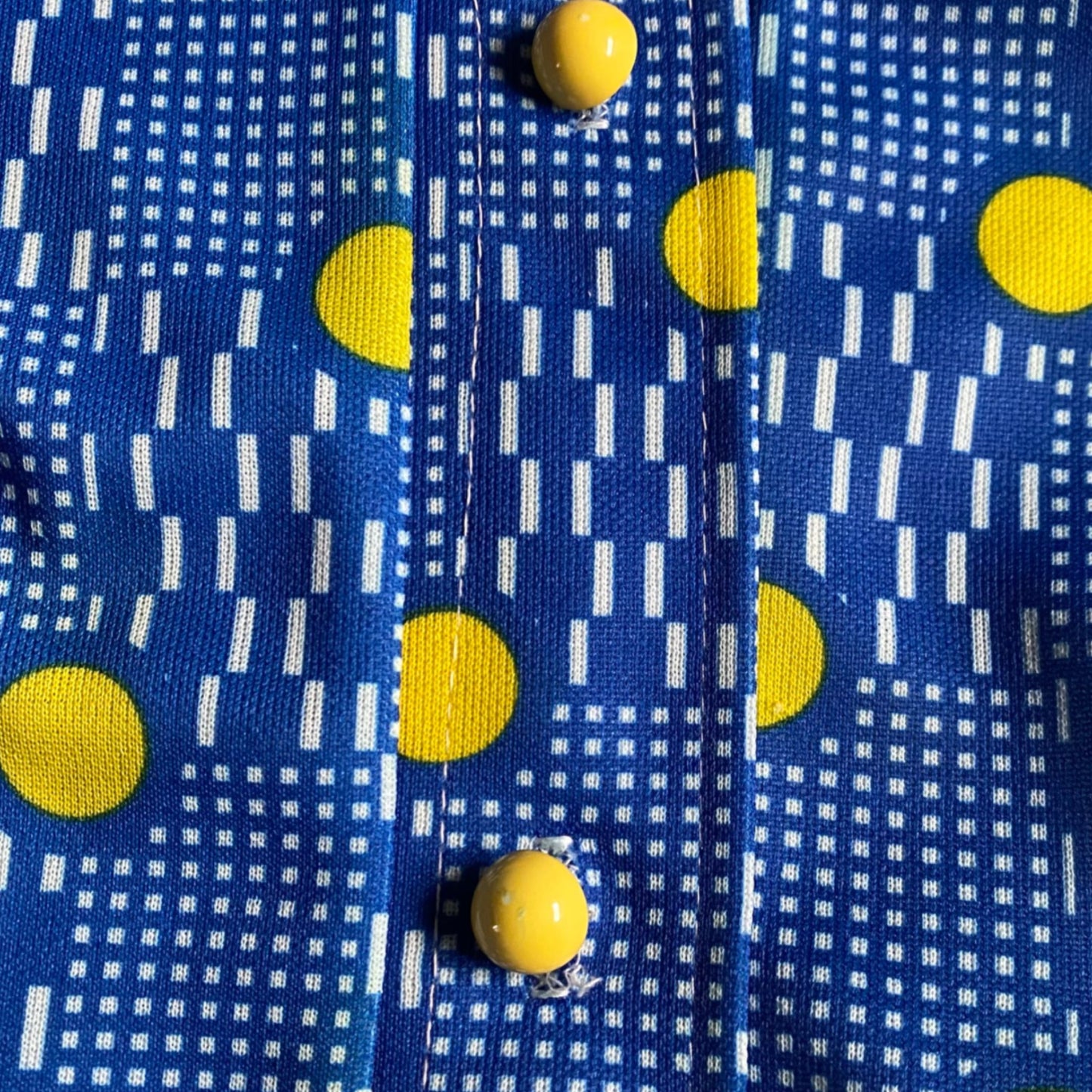 60s Blue and Yellow Geometric Print Mini Shirt Dress.  Approx UK size 10-12