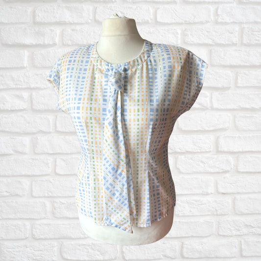 Vintage 50s Style Tie Front Geometric Print Blouse with Button Up Back. Approx UK size 12-14