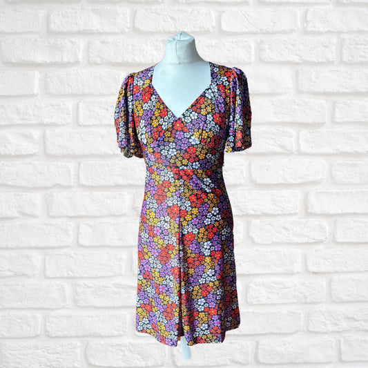 Vintage 70s Black and Bright Floral Print Dress Dress with Angel Sleeves. Approx UK size 8-10