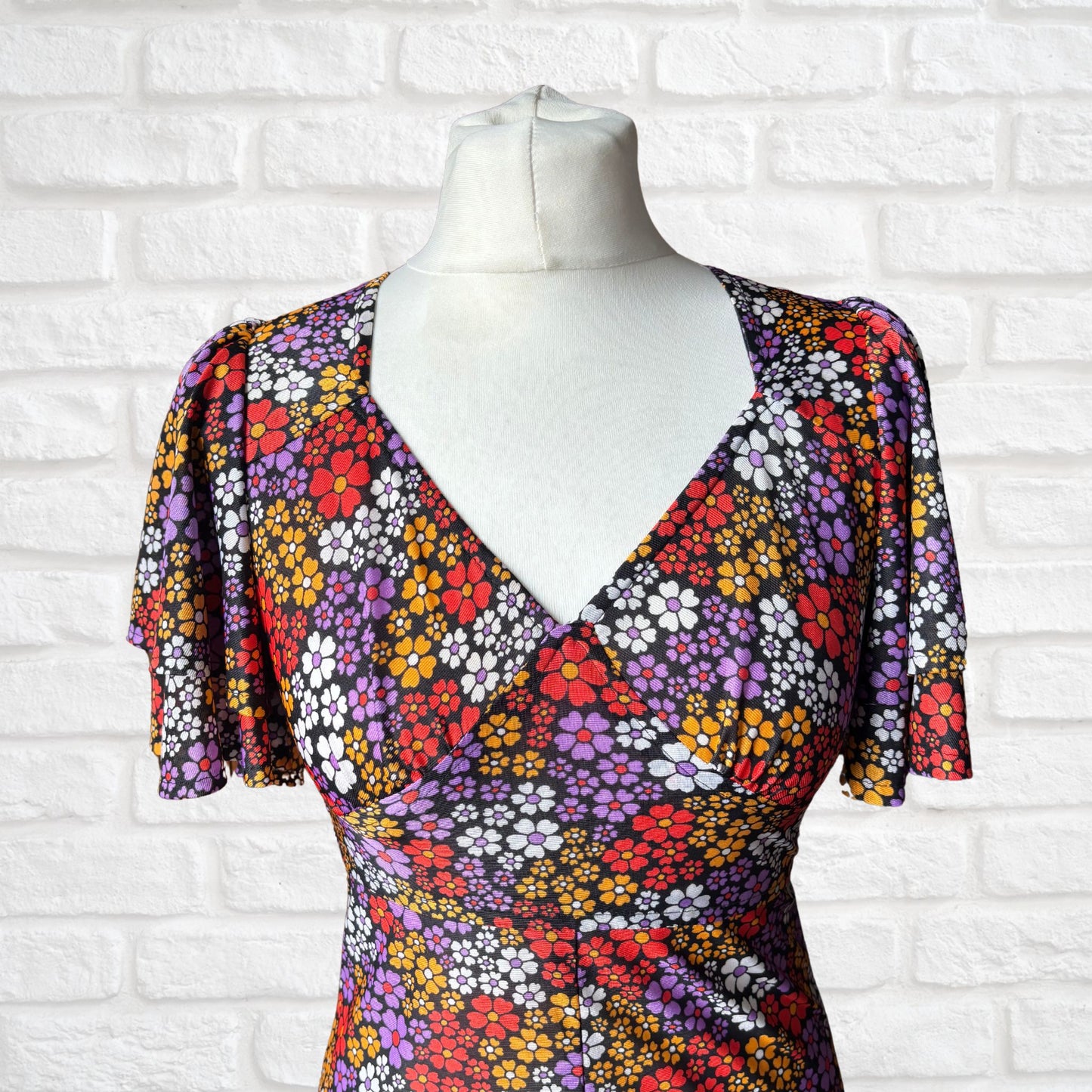 Vintage 70s Black and Bright Floral Print Dress Dress with Angel Sleeves. Approx UK size 8-10