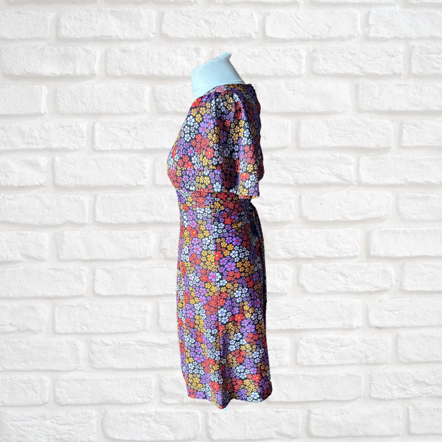 Vintage 70s Black and Bright Floral Print Dress Dress with Angel Sleeves. Approx UK size 8-10