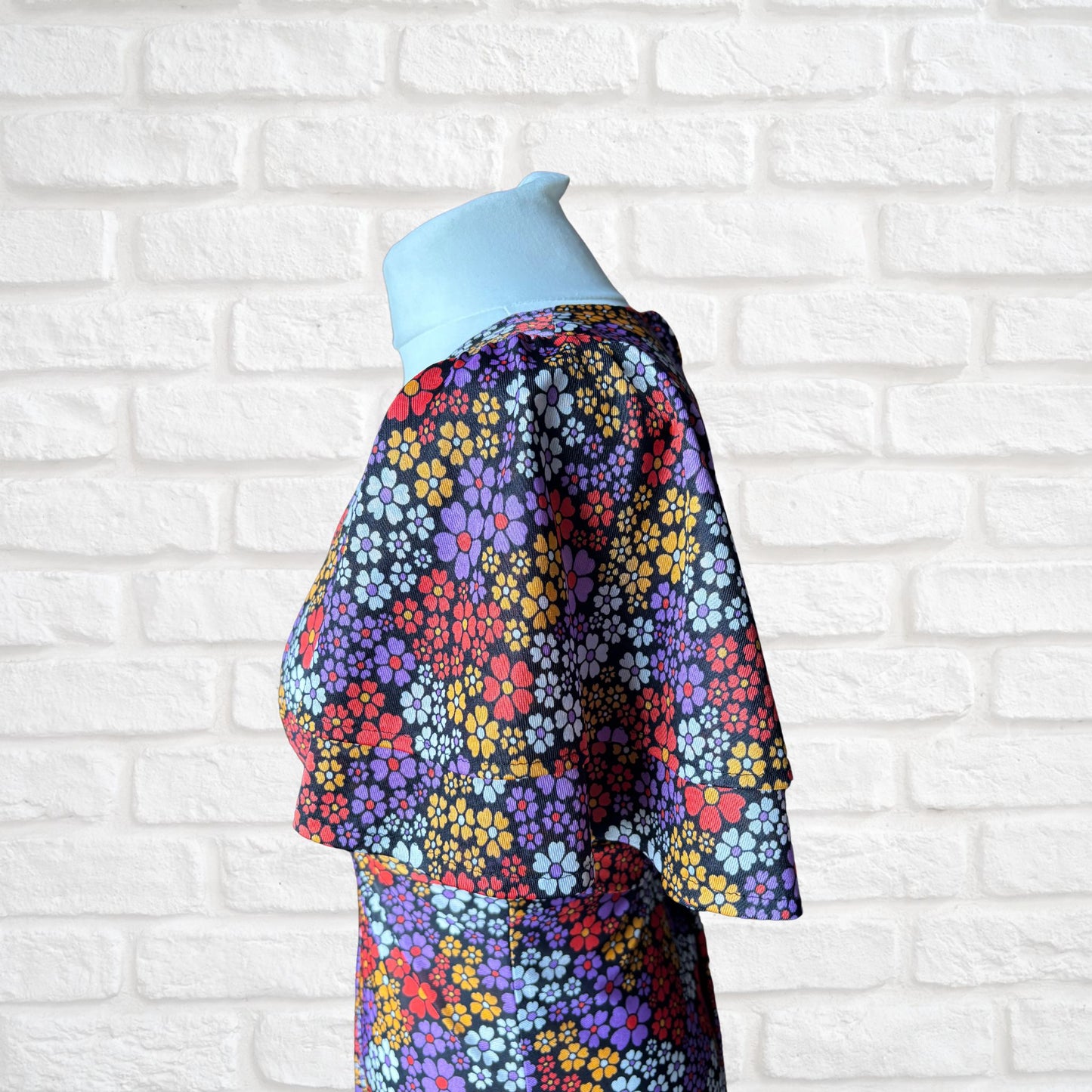 Vintage 70s Black and Bright Floral Print Dress Dress with Angel Sleeves. Approx UK size 8-10