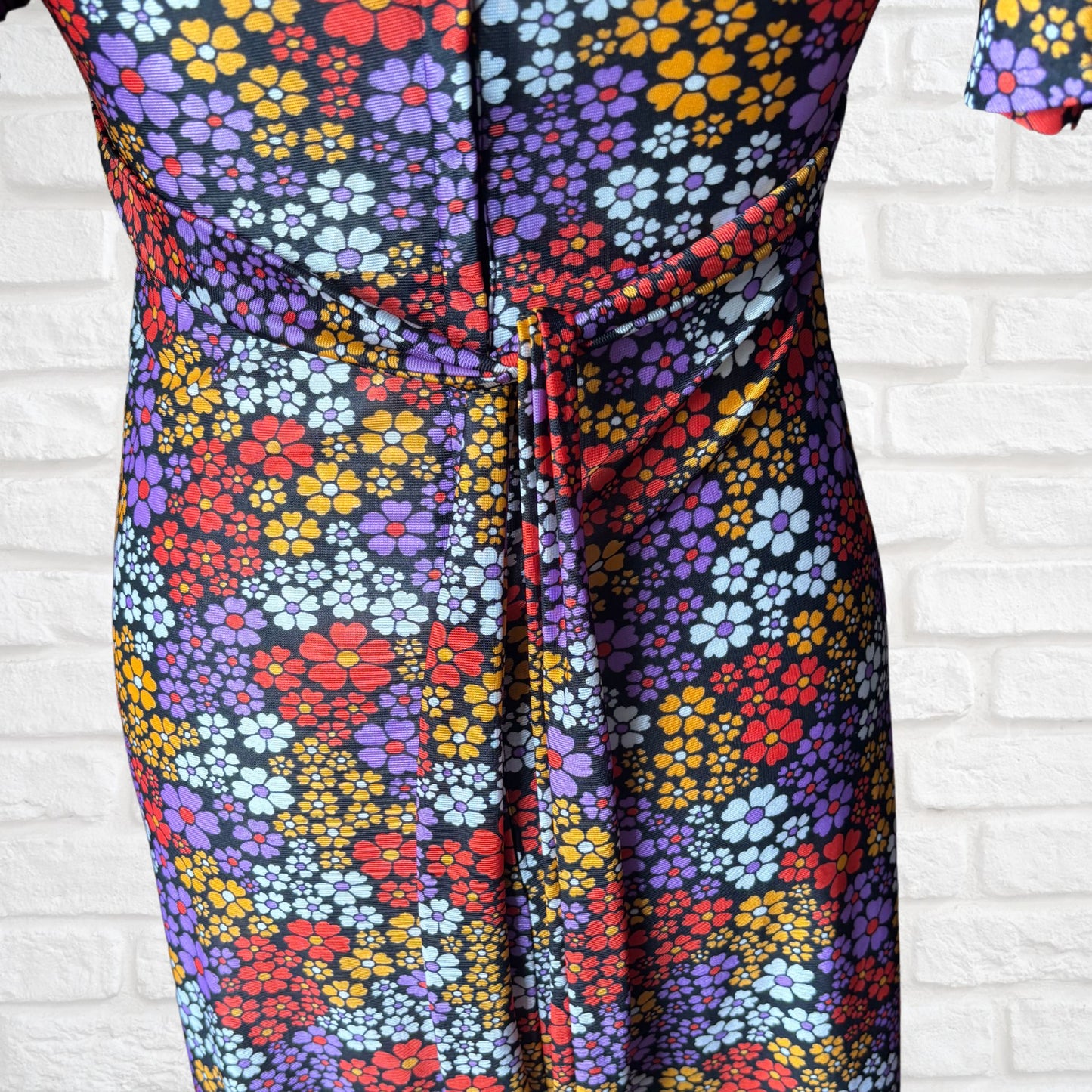 Vintage 70s Black and Bright Floral Print Dress Dress with Angel Sleeves. Approx UK size 8-10