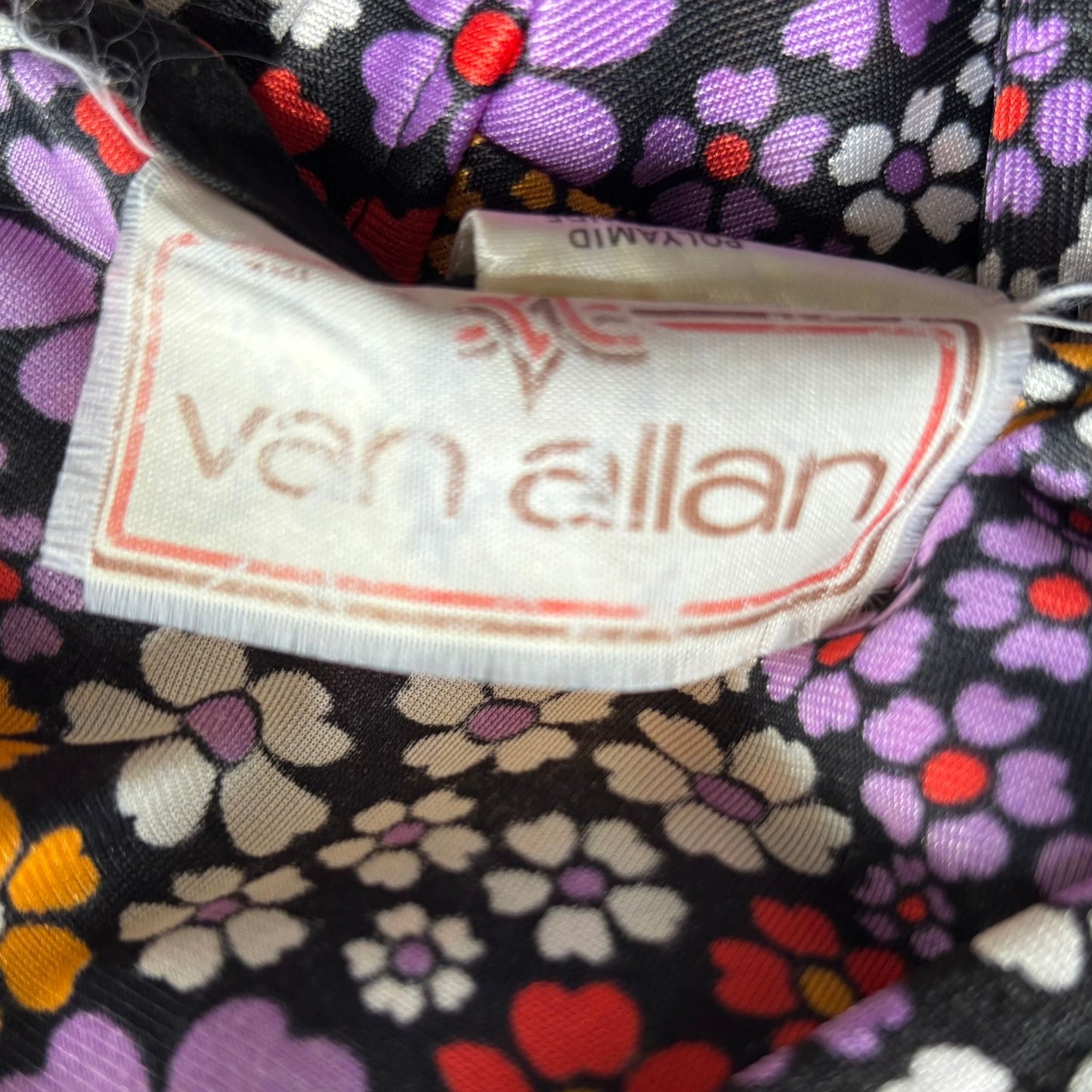 Vintage 70s Black and Bright Floral Print Dress Dress with Angel Sleeves. Approx UK size 8-10