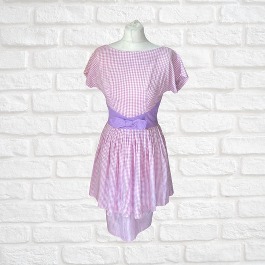 50s Lilac Gingham Cotton Summer Dress with waist bow. Approx UK size 8-10