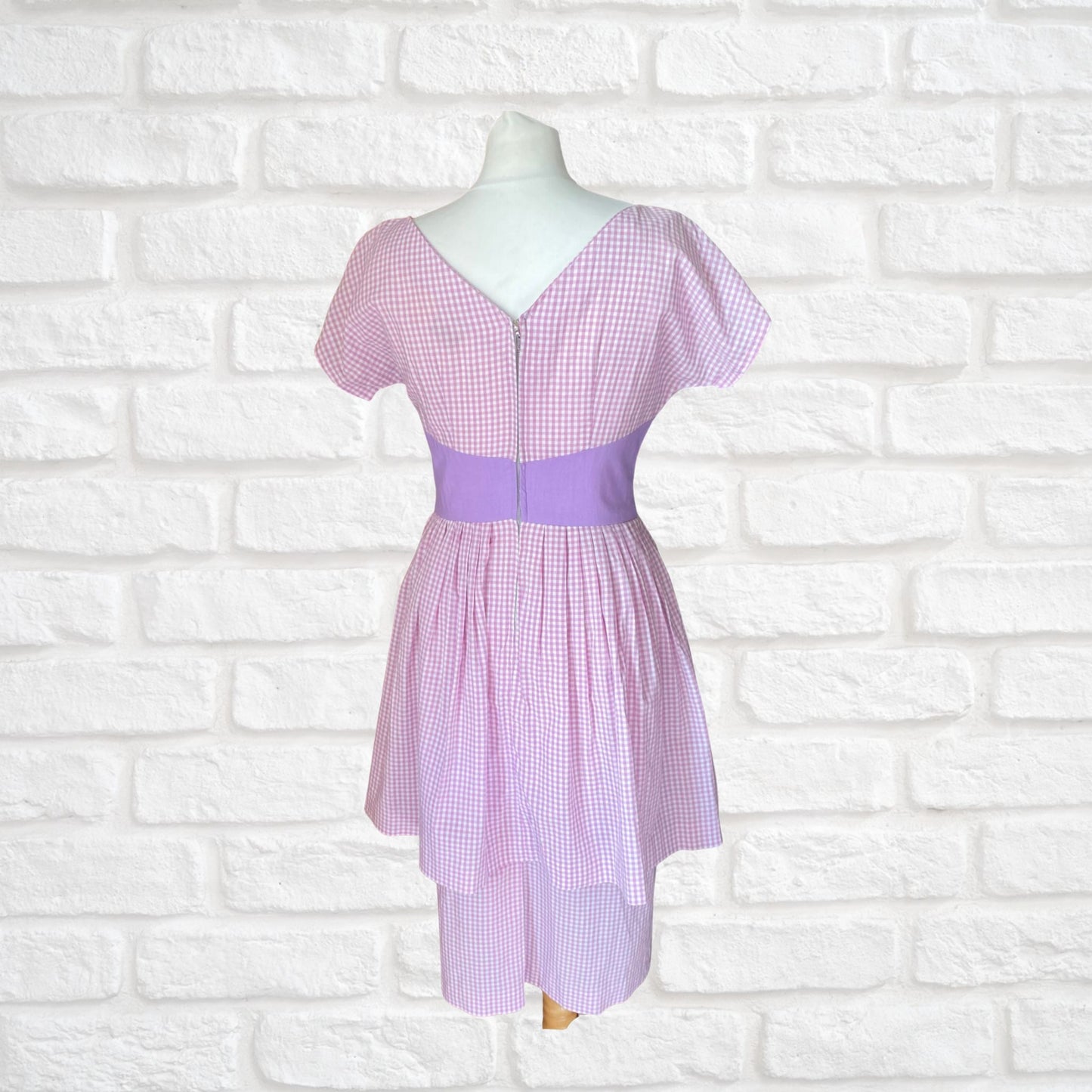 50s Lilac Gingham Cotton Summer Dress with waist bow. Approx UK size 8-10