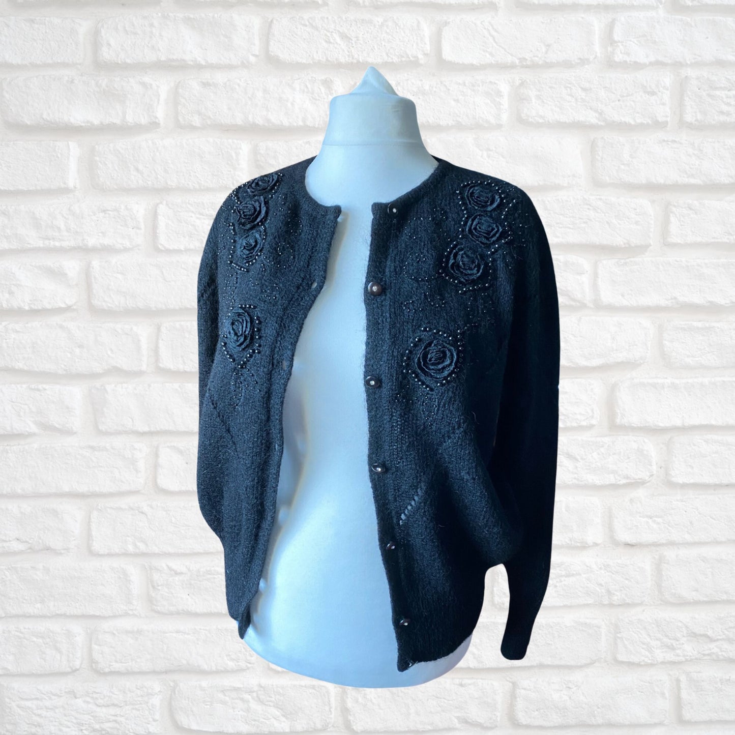 Stunning Vintage Black Mohair Cardigan with Beaded and Appliqué Black Rose detail  .Approx U.K. size 16 -20