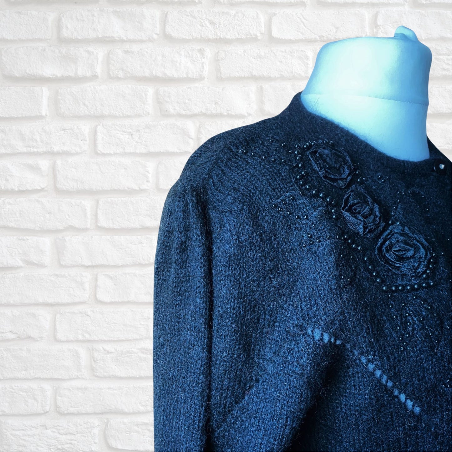Stunning Vintage Black Mohair Cardigan with Beaded and Appliqué Black Rose detail  .Approx U.K. size 16 -20