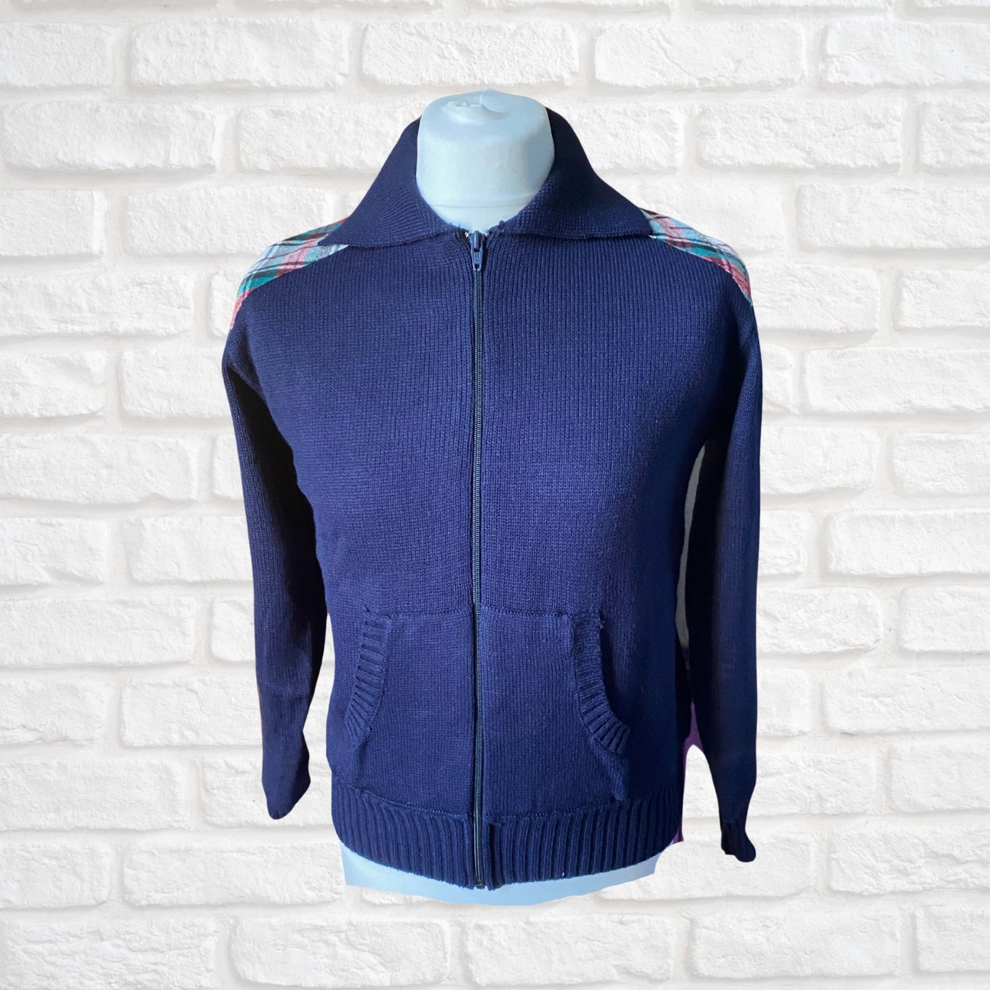 70s Vintage Blue Zip Up Cardigan with Tartan Detailing. Approx UK size 12 -14 (women) / small (men)