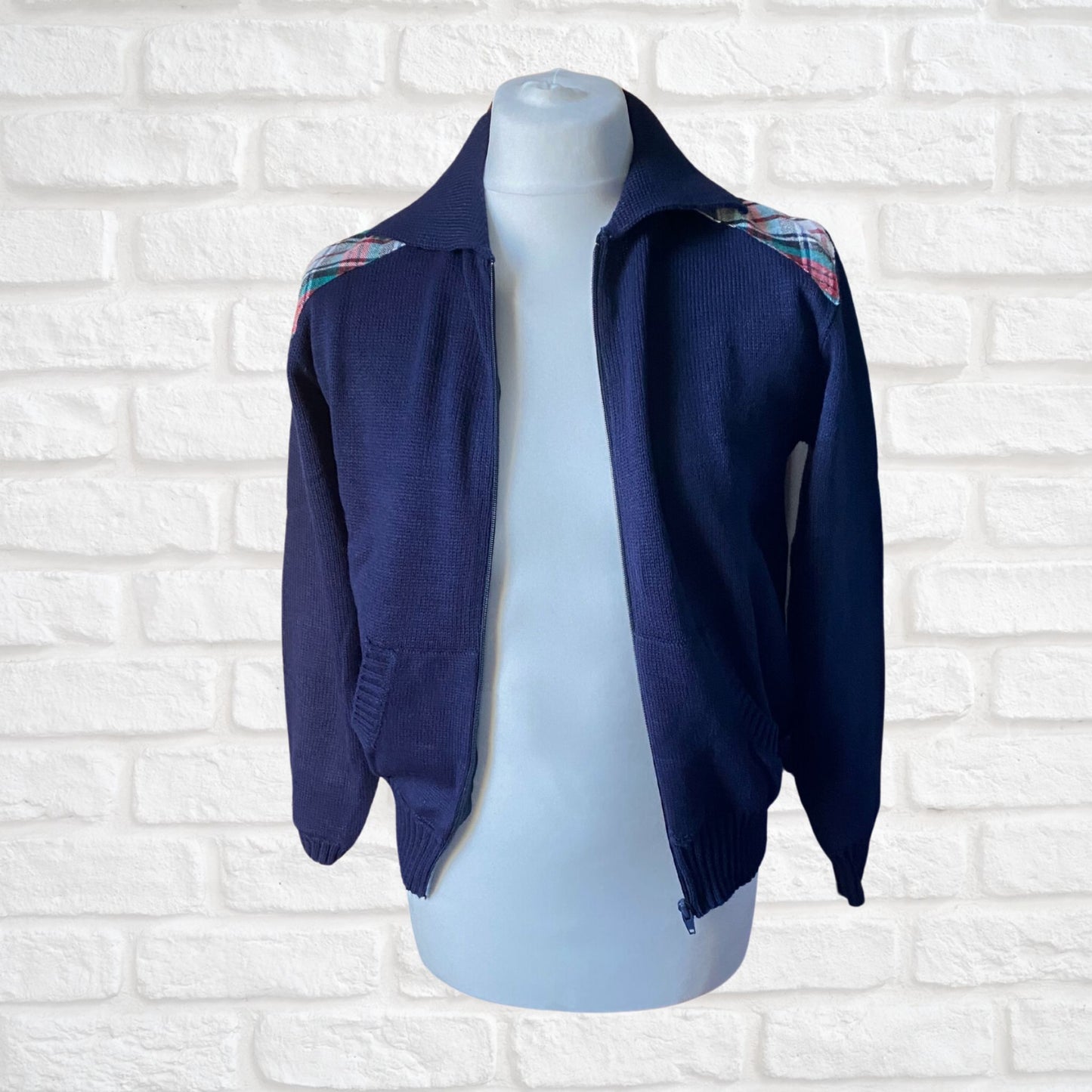 70s Vintage Blue Zip Up Cardigan with Tartan Detailing. Approx UK size 12 -14 (women) / small (men)