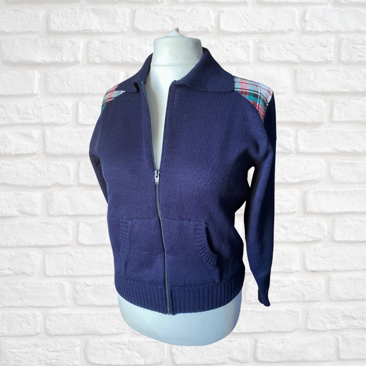 70s Vintage Blue Zip Up Cardigan with Tartan Detailing. Approx UK size 12 -14 (women) / small (men)