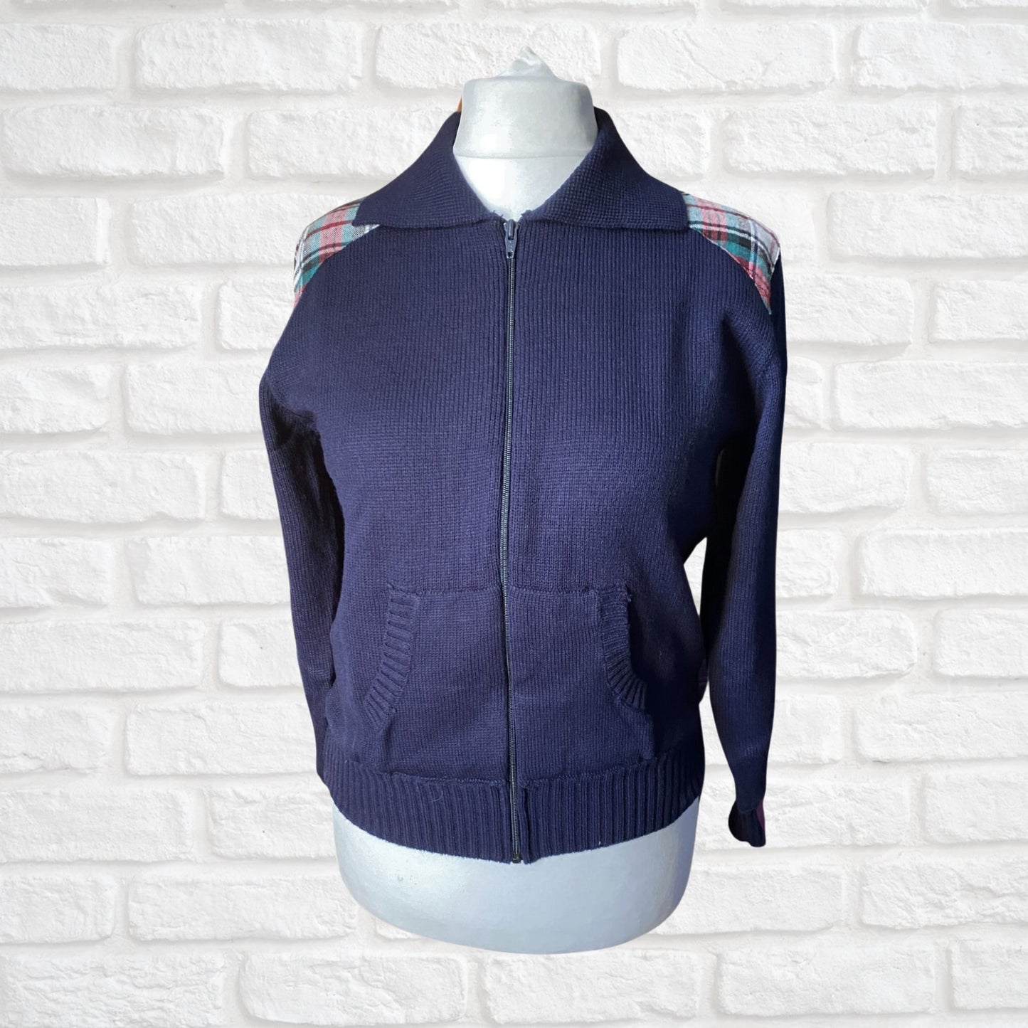 70s Vintage Blue Zip Up Cardigan with Tartan Detailing. Approx UK size 12 -14 (women) / small (men)