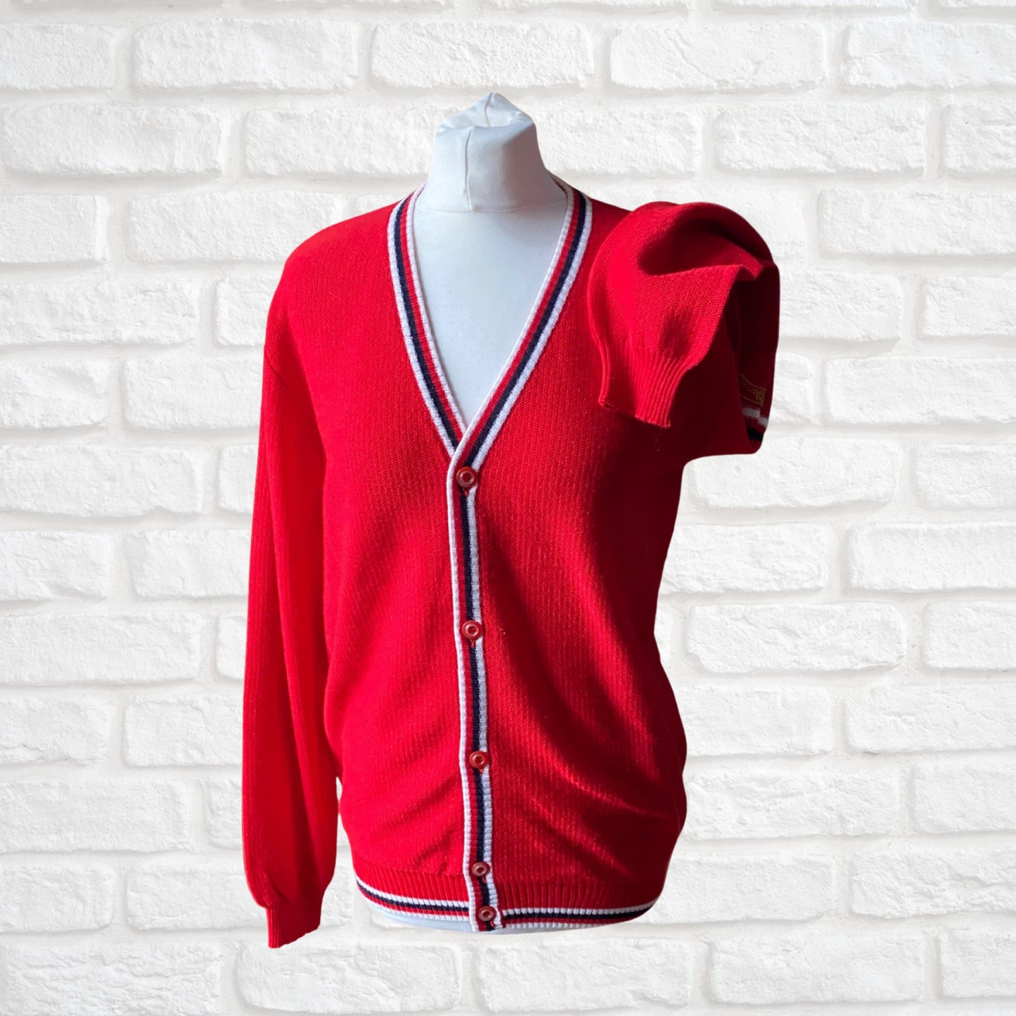 60s Mod Style Red V neck Vintage Cardigan.  Approx UK size 12-16
