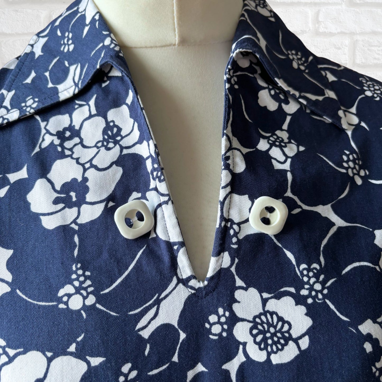 Navy Blue and White Floral Cotton 60s Mini Dress by St. Michael. Approx UK size  10- 12