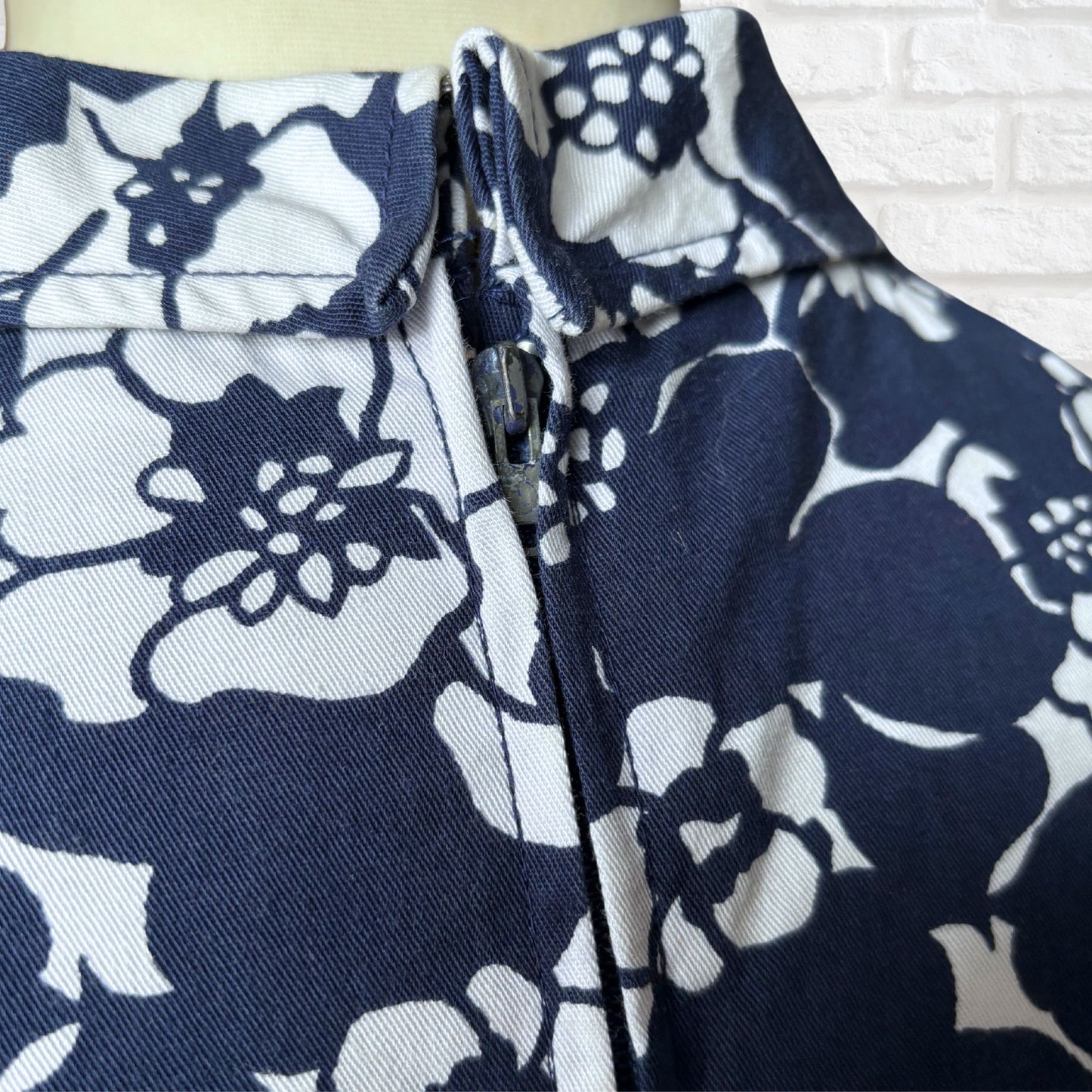 Navy Blue and White Floral Cotton 60s Mini Dress by St. Michael. Approx UK size  10- 12