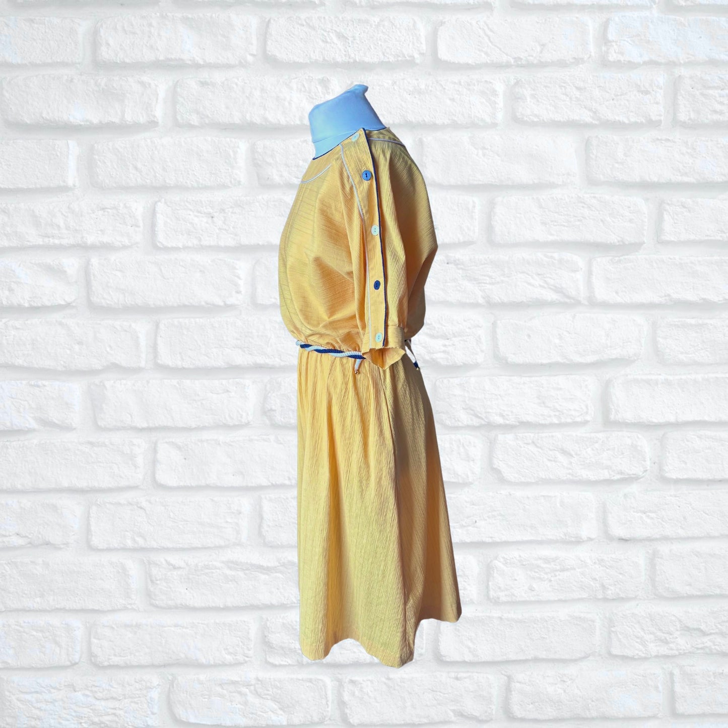 Vintage Yellow 80s Midi Dress with Navy Blue and White Buttons, Trim and Rope Belt.  Approx UK Size 10-12
