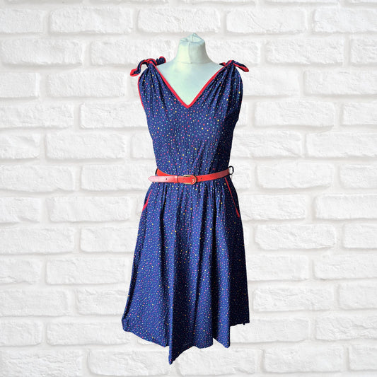 70s dark blue and rainbow polka dot sundress with red trim and belt. Approx UK size 10- 12