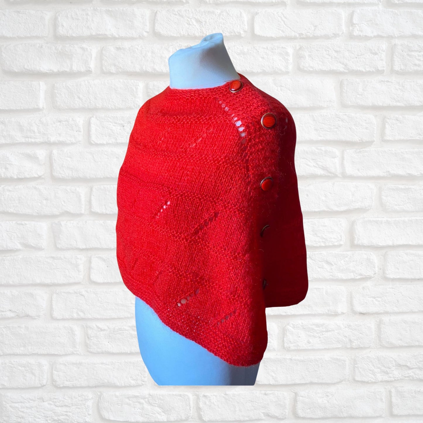 Vintage hand knitted red poncho/ cape. Approx U.K. size 8-10
