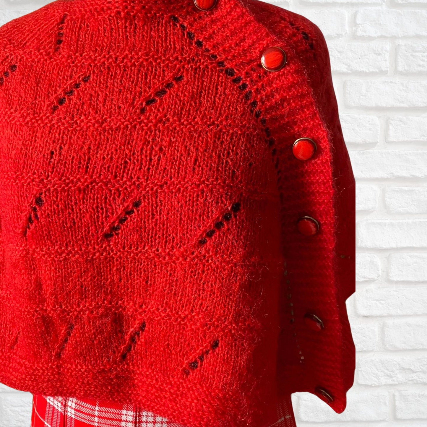 Vintage hand knitted red poncho/ cape. Approx U.K. size 8-10