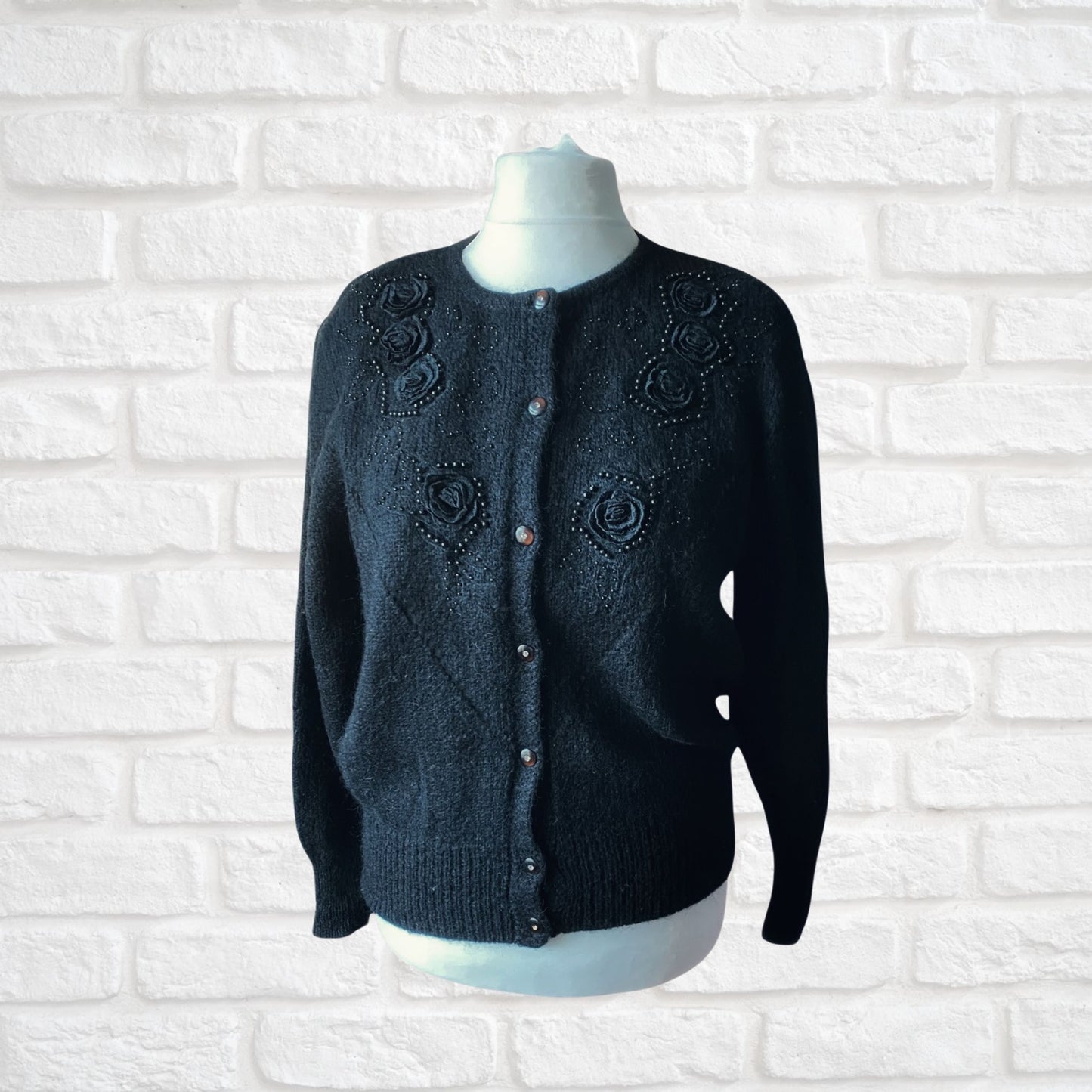 Stunning Vintage Black Mohair Cardigan with Beaded and Appliqué Black Rose detail  .Approx U.K. size 16 -20
