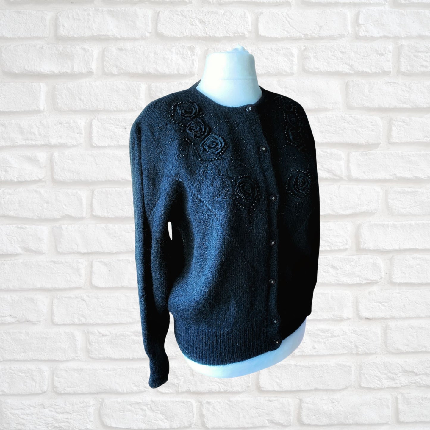 Stunning Vintage Black Mohair Cardigan with Beaded and Appliqué Black Rose detail  .Approx U.K. size 16 -20