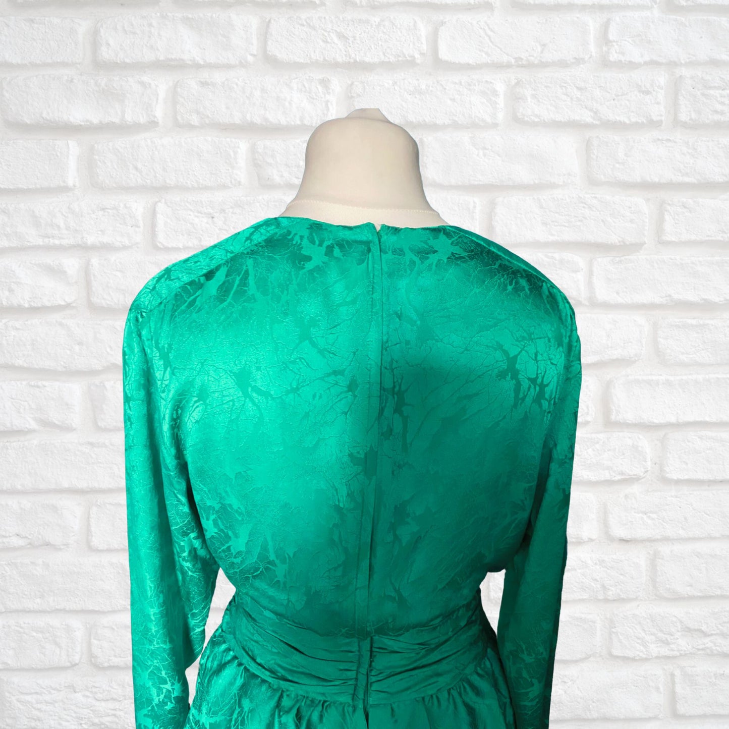 Vintage Green Silky 80s Dress with Peplum Skirt. Approx UK size 10-12