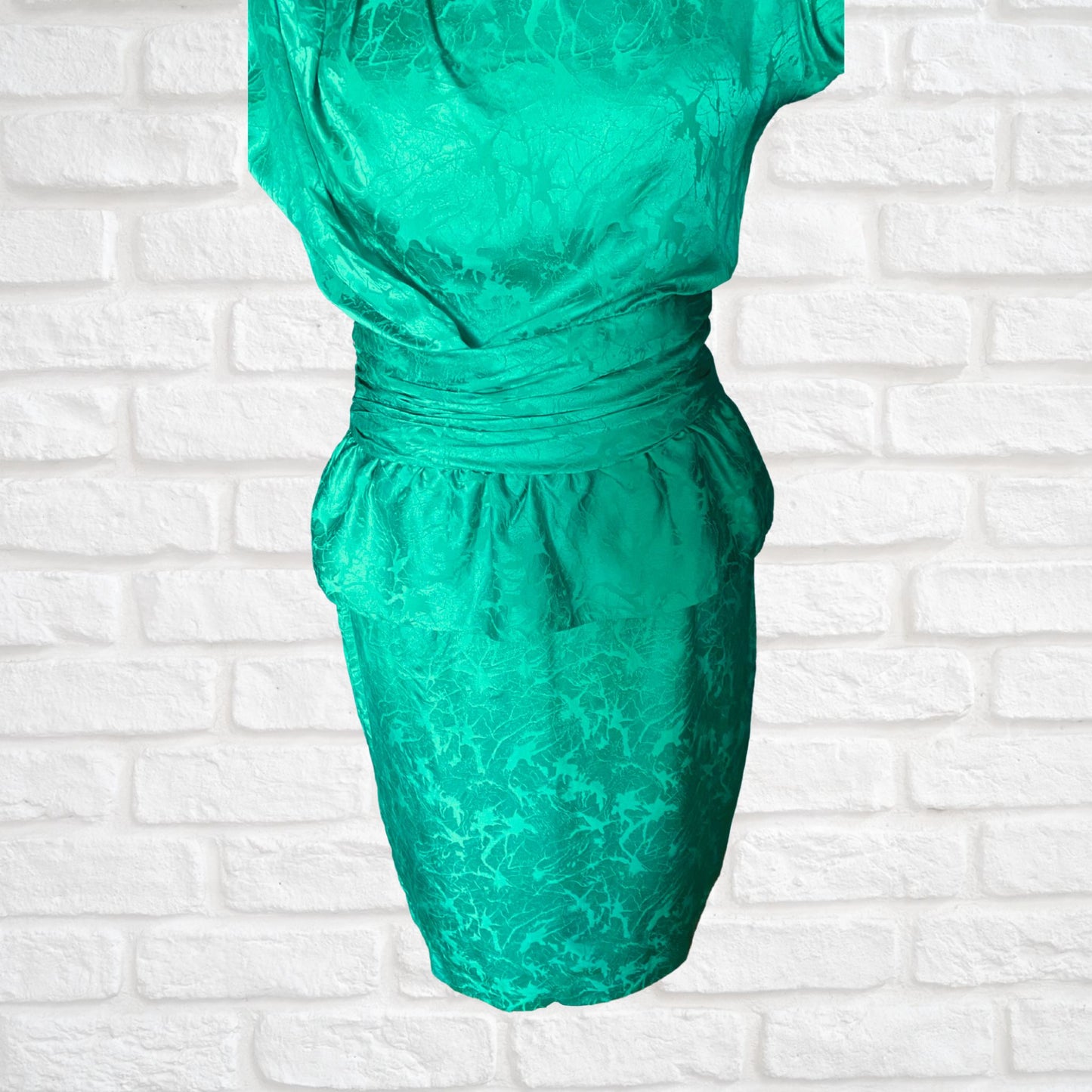 Vintage Green Silky 80s Dress with Peplum Skirt. Approx UK size 10-12