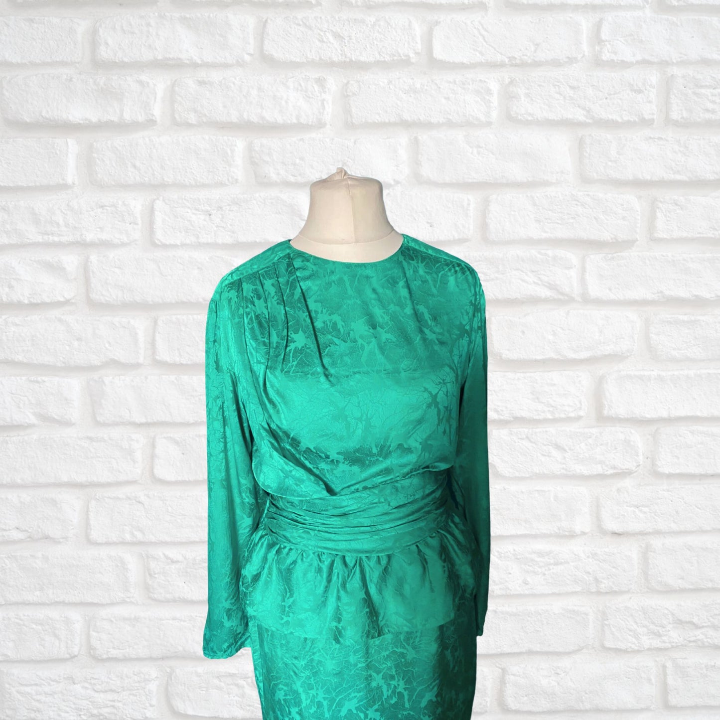 Vintage Green Silky 80s Dress with Peplum Skirt. Approx UK size 10-12