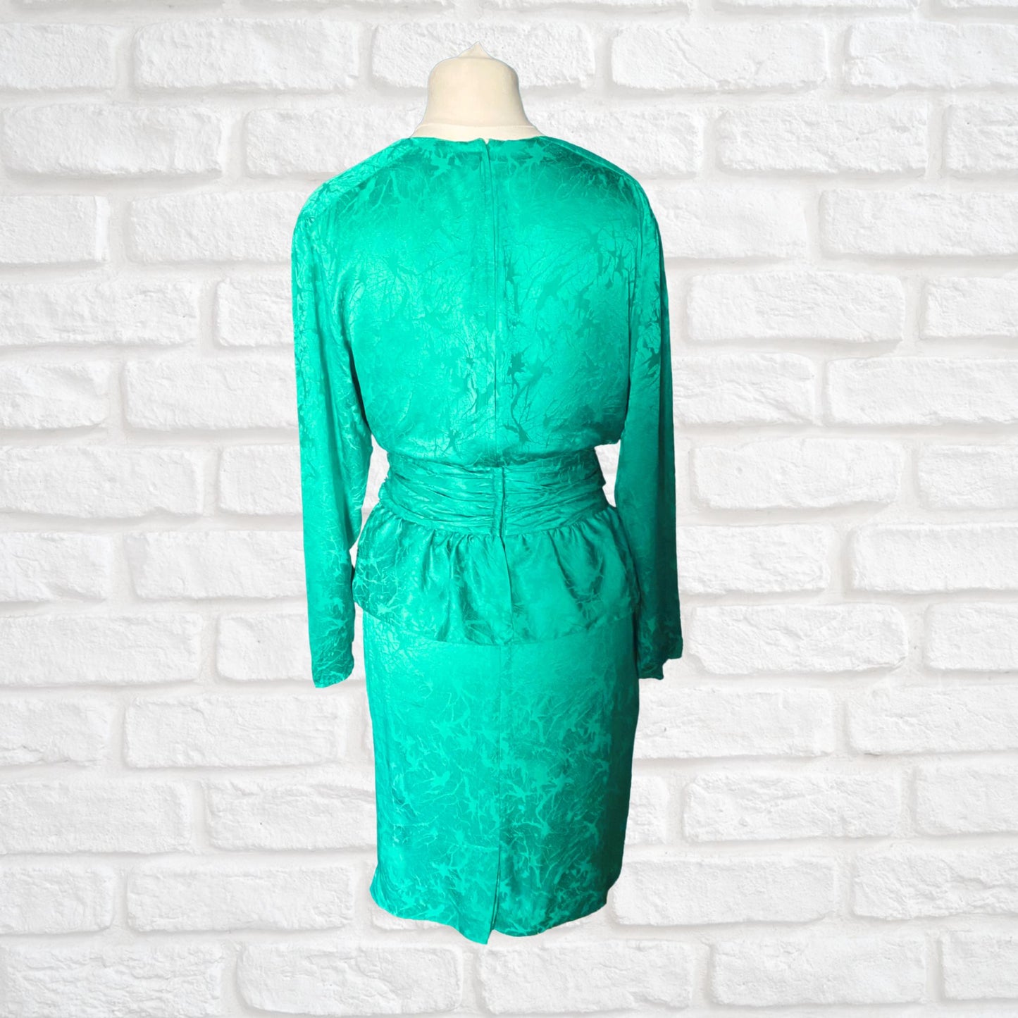 Vintage Green Silky 80s Dress with Peplum Skirt. Approx UK size 10-12