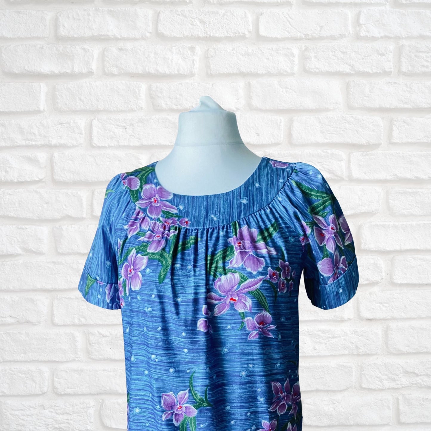 Cotton blue Hawaiian print vintage smock dress/ kaftan. Approx UK size 16-24