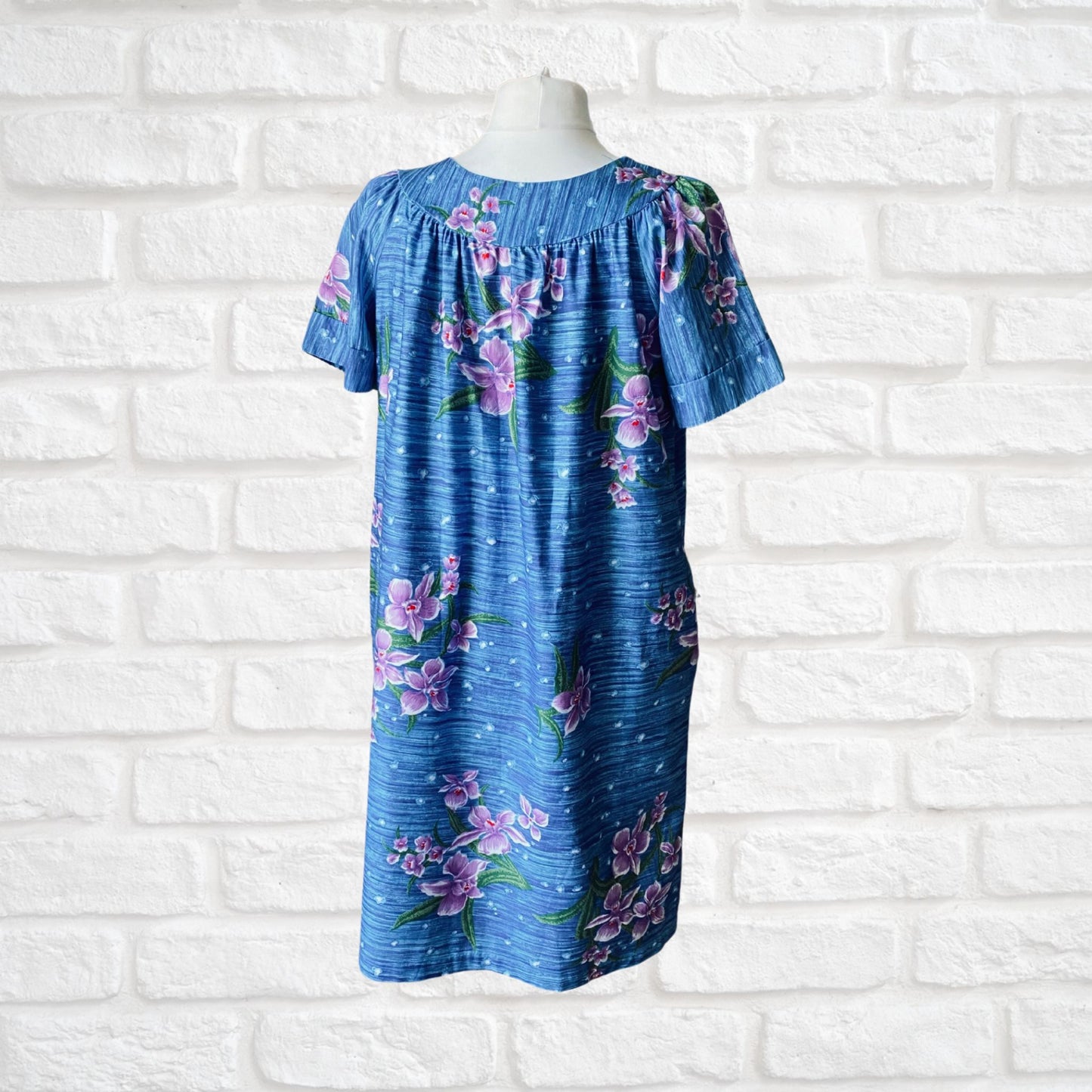 Cotton blue Hawaiian print vintage smock dress/ kaftan. Approx UK size 16-24