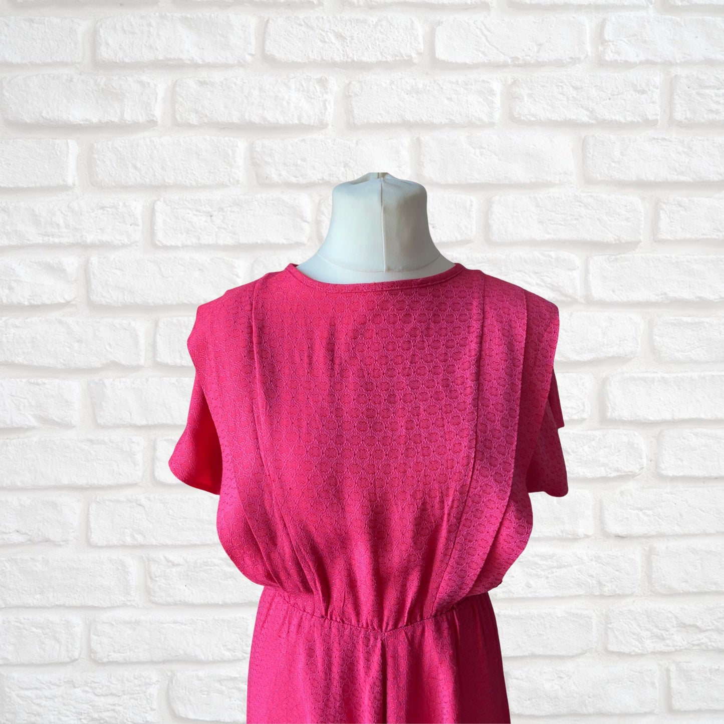 80s bright pink brocade dress with stiff white embroidery anglaise underskirt. Approx UK size 12-14