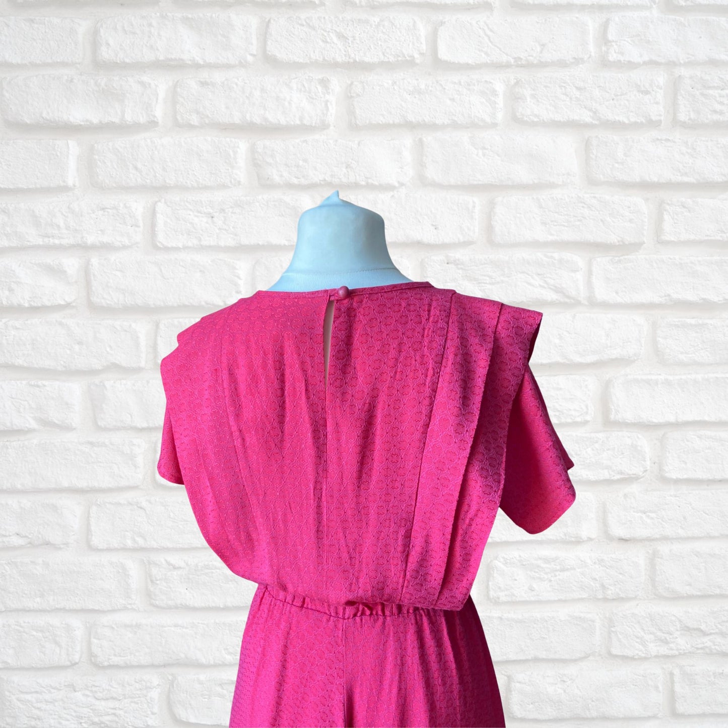 80s bright pink brocade dress with stiff white embroidery anglaise underskirt. Approx UK size 12-14