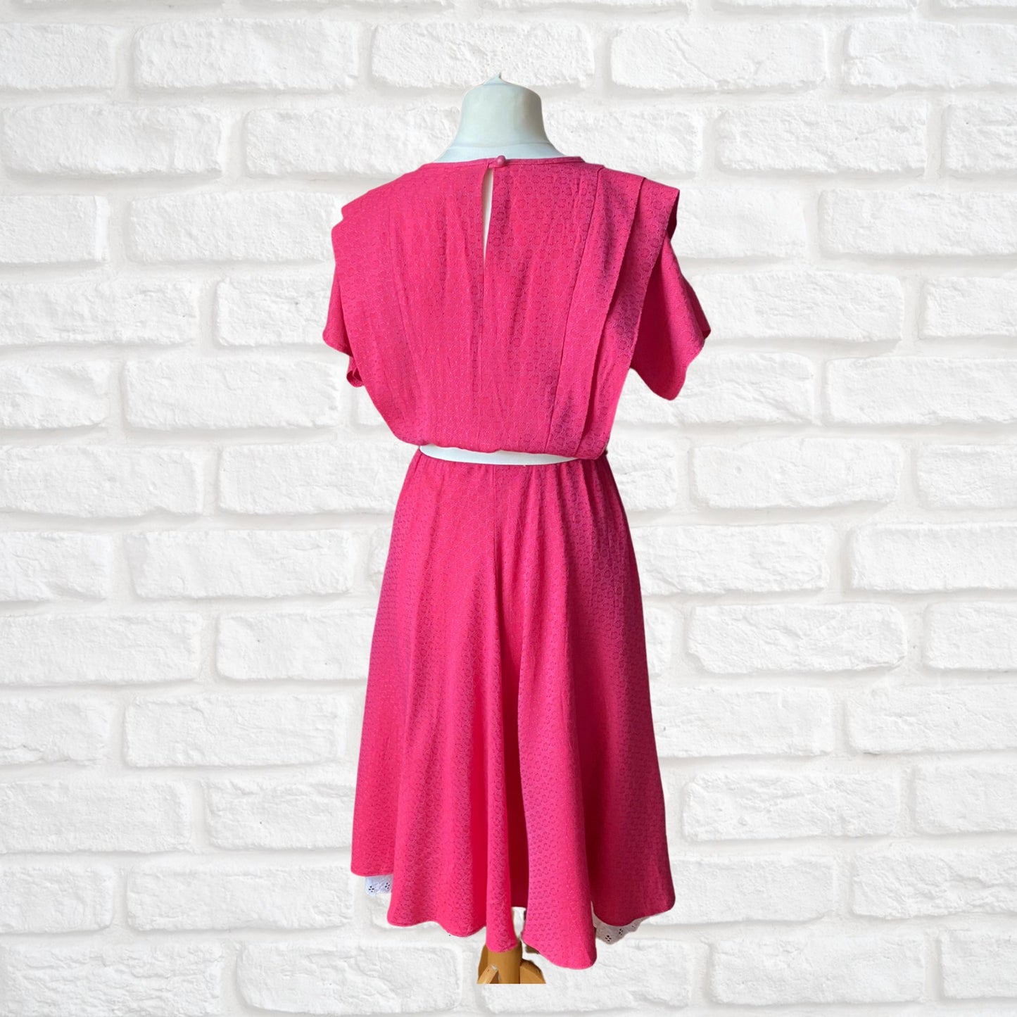 80s bright pink brocade dress with stiff white embroidery anglaise underskirt. Approx UK size 12-14