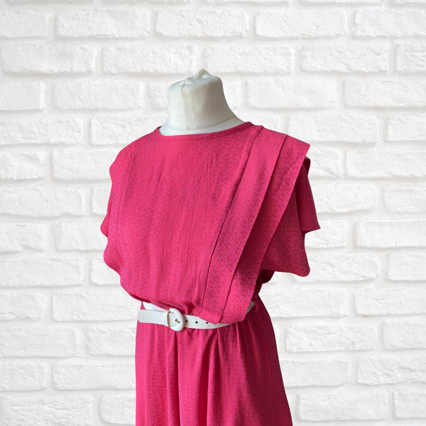 80s bright pink brocade dress with stiff white embroidery anglaise underskirt. Approx UK size 12-14