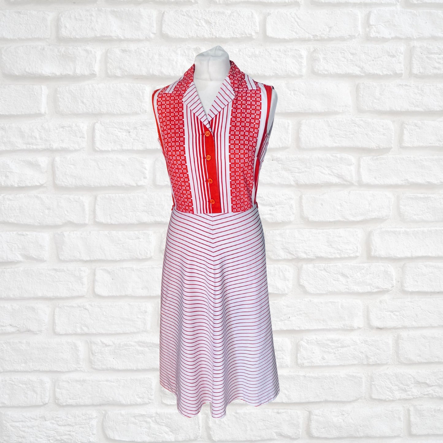 Vintage red and white open collar geometric and striped midi dress. Approx UK size 8- 10