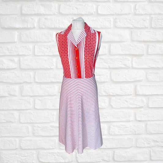 Vintage red and white open collar geometric and striped midi dress. Approx UK size 8- 10