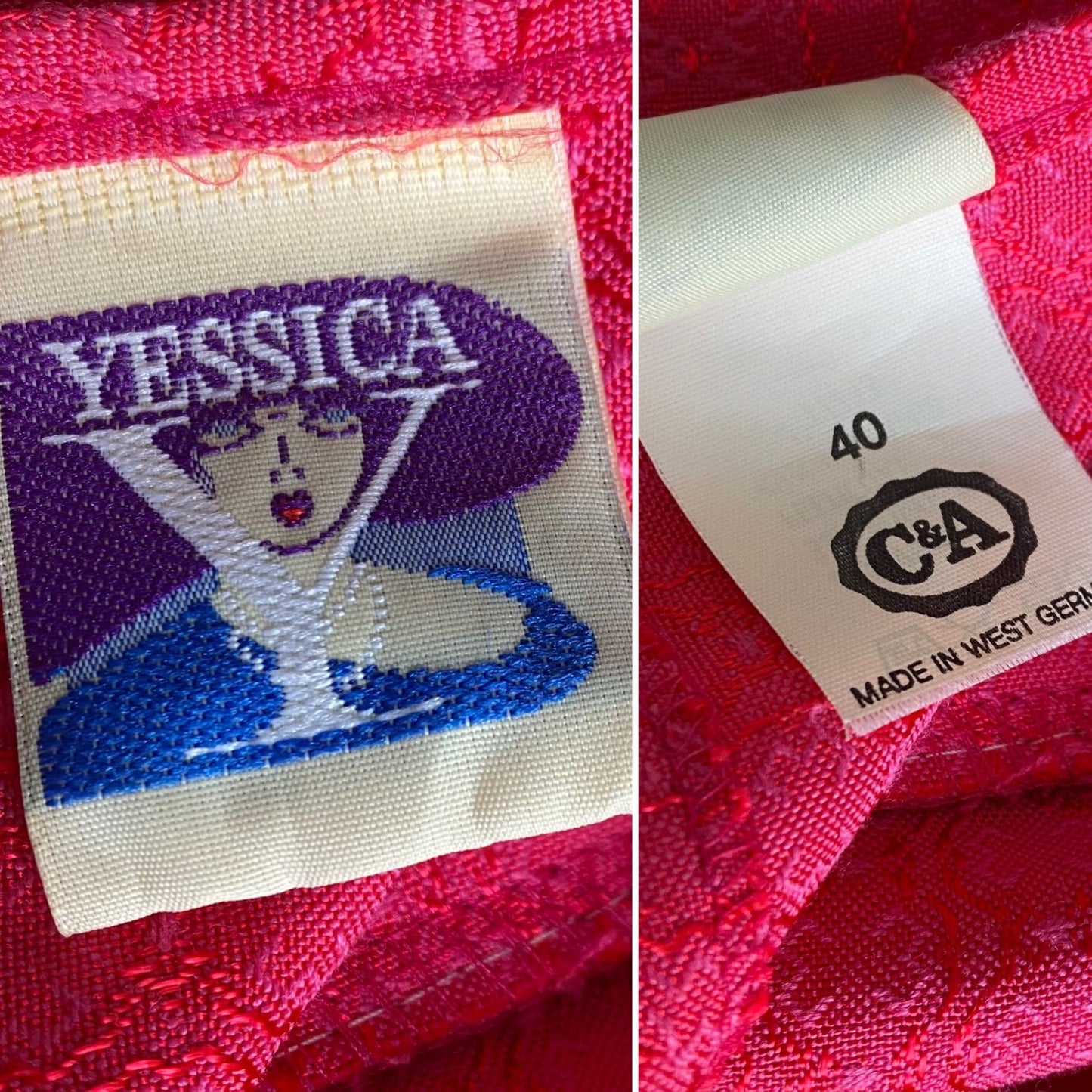 80s bright pink brocade dress with stiff white embroidery anglaise underskirt. Approx UK size 12-14