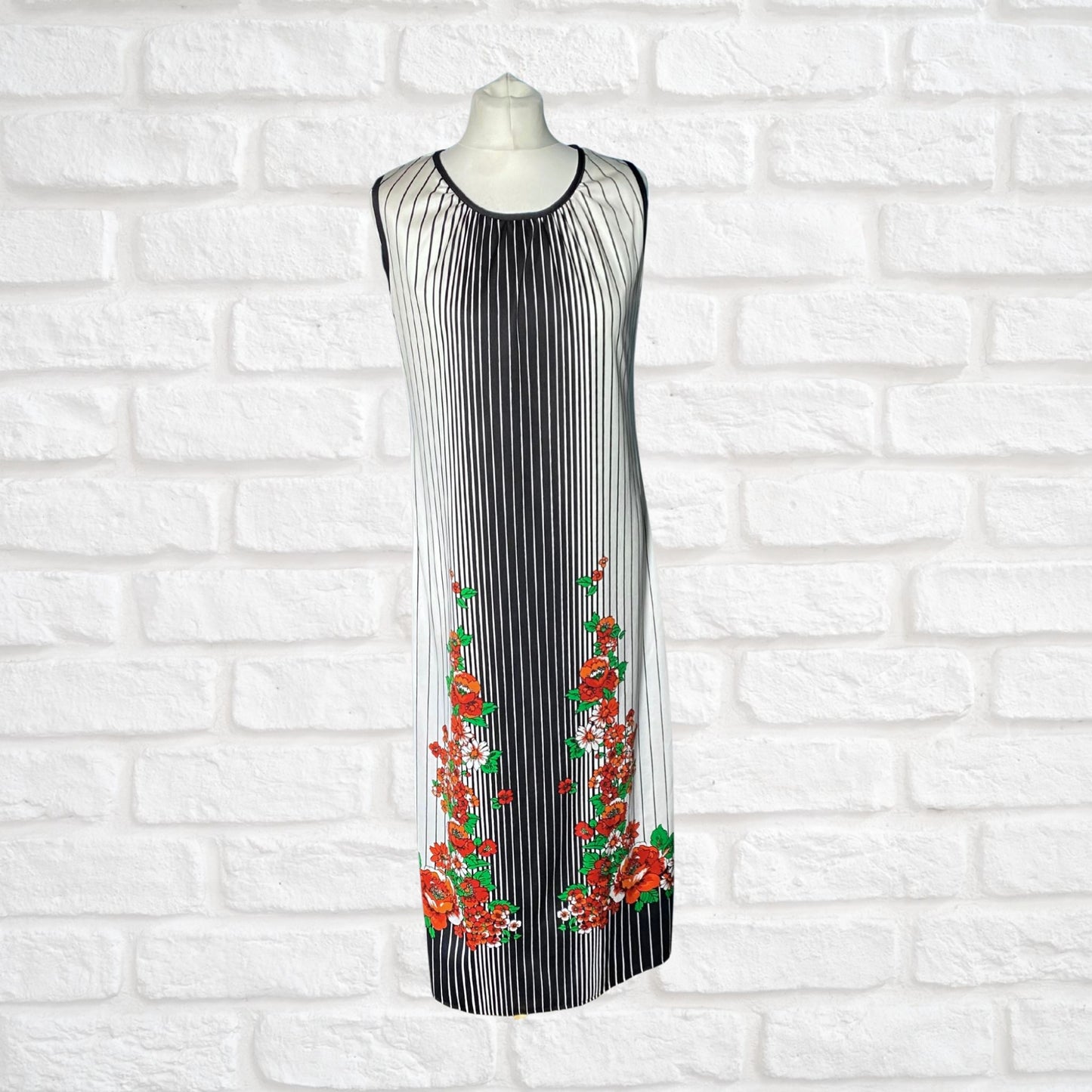 70s Monochrome Striped Vintage Maxi Dress with Vibrant Floral Detail. Approx UK size 10-12